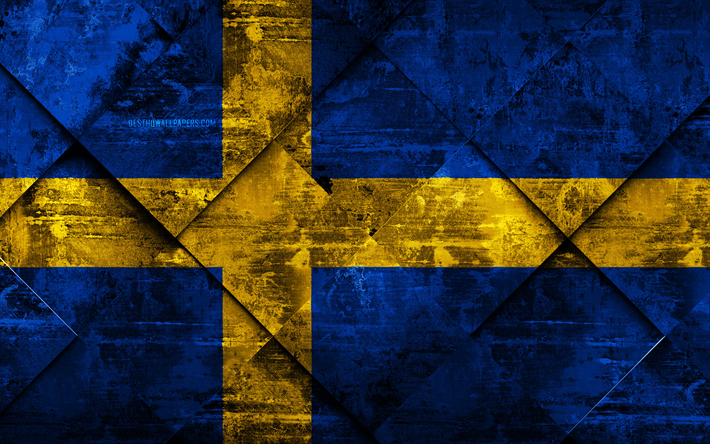 Flag of Sweden, 4k, grunge art, rhombus grunge texture, Swedish flag, Europe, national symbols, Sweden, creative art
