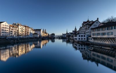 Zurich, por la ma&#241;ana, salida del sol, paisaje urbano, ciudad hermosa, Suiza