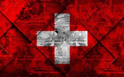 Flagga Schweiz, 4k, grunge konst, rhombus grunge textur, Schweiziska flaggan, Europa, nationella symboler, Schweiz, kreativ konst