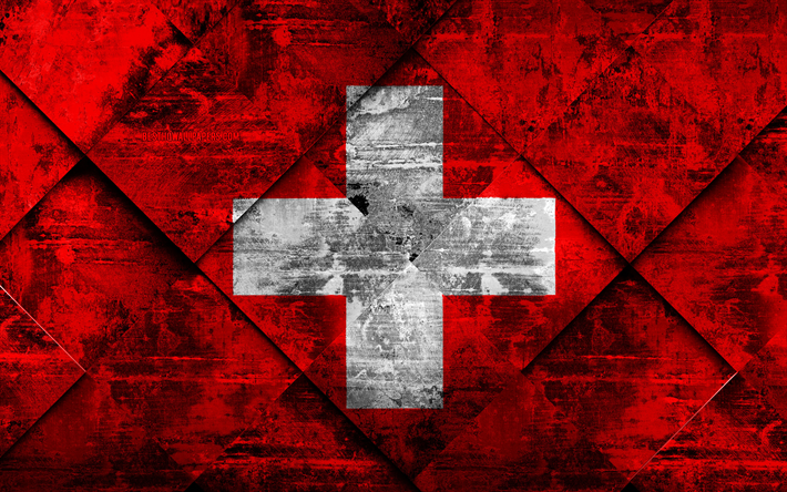Flag of Switzerland, 4k, grunge art, rhombus grunge texture, Swiss flag, Europe, national symbols, Switzerland, creative art