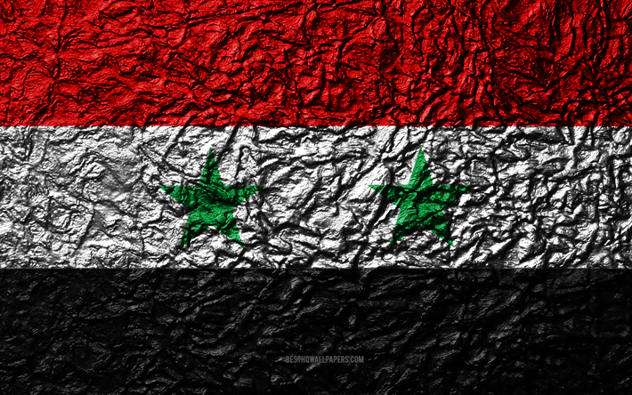 旗のシリア, 4k, 石質感, 波質感, シリア国旗, 国立シンボル, シリア, アジア, 石背景