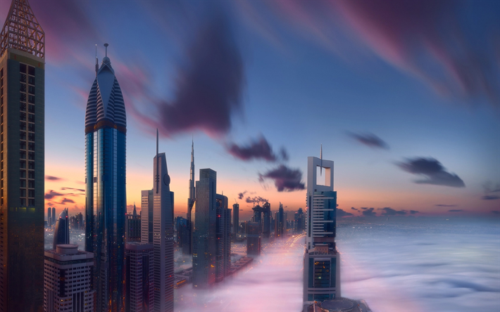 Dubai, dimma, soluppg&#229;ng, skyskrapor, F&#246;renade ARABEMIRATEN, business center, stadsbilden