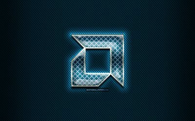 AMD glass logo, blue background, artwork, AMD, brands, AMD rhombic logo, creative, AMD logo