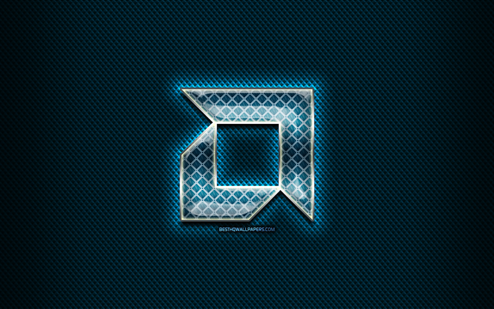 AMD verre logo, fond bleu, illustration, AMD, marques, AMD rhombique logo, cr&#233;ation, logo AMD