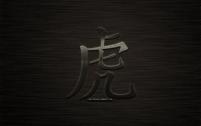 Tiger hieroglyph, chinese zodiac sign, metal hieroglyph, Tiger kanji hieroglyph, dark metal background, year of the Tiger, chinese horoscope, Tiger, chinese zodiac signs