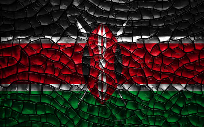 Bandera de Kenia, 4k, agrietado suelo, &#193;frica, Kenia bandera, arte 3D, Kenya, los pa&#237;ses Africanos, los s&#237;mbolos nacionales, Kenya 3D de la bandera
