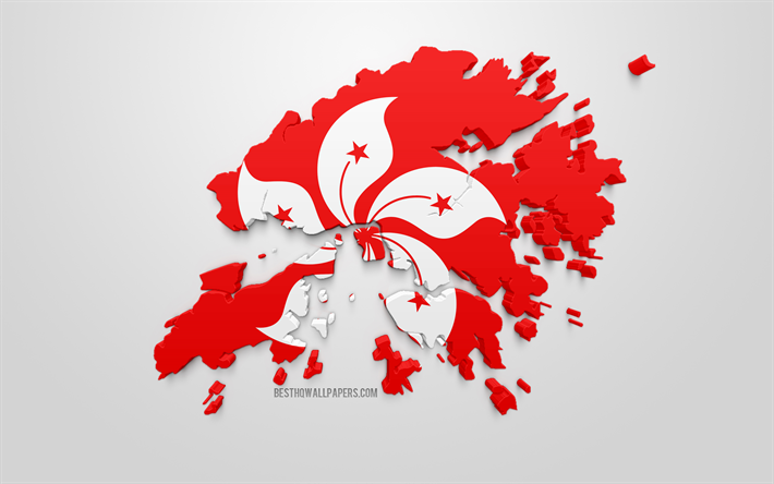 3d flag of Hong Kong, map silhouette of Hong Kong, 3d art, Hong Kong flag, Asia, Hong Kong, geography, Hong Kong 3d silhouette