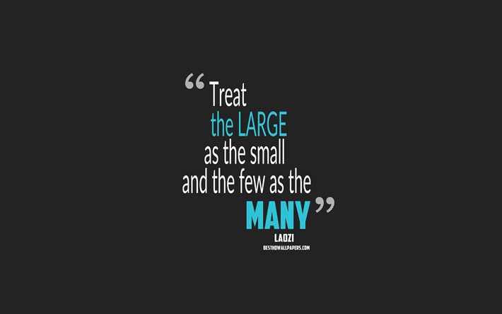 Treat the large as the small and the few as the many, Lao Tzu quotes, 4k, quotes about life, motivation, gray background, popular quotes