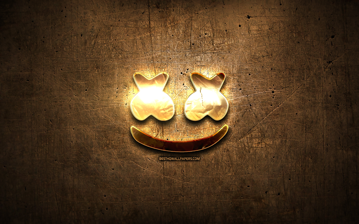 DJ Marshmello kultainen logo, supert&#228;hti&#228;, Christopher Comstock, ruskea metalli tausta, luova, DJ Marshmello logo, merkkej&#228;, Marshmello