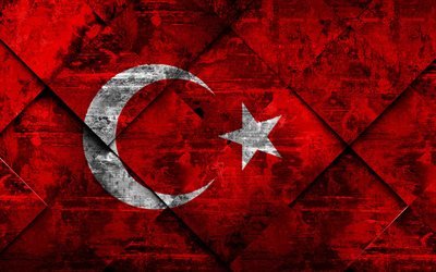 Lippu Turkki, 4k, grunge art, rhombus grunge tekstuuri, Turkin lippu, Euroopassa, kansalliset symbolit, Turkki, creative art