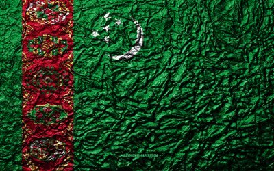 flagge von turkmenistan, 4k, stein, textur, wellen, turkmenistan flagge, national, symbol, turkmenistan, asien, stein hintergrund