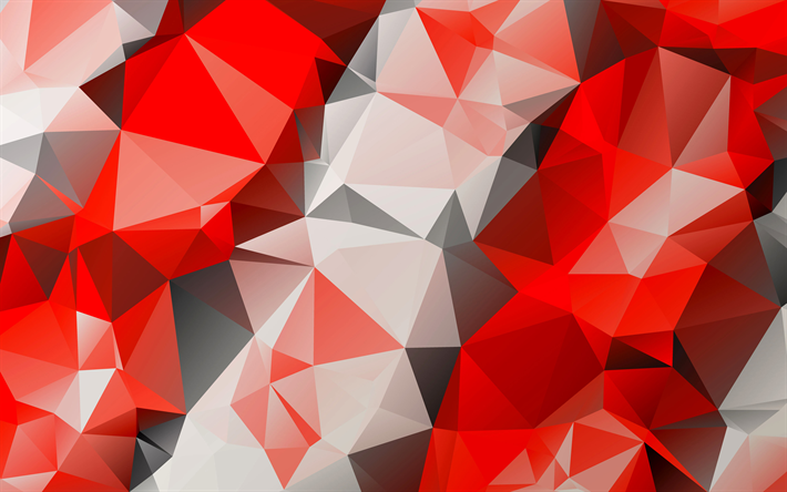 rot mosaik, 4k, low-poly-kunst, rot polygonale hintergrund -, polygon-textur, roter hintergrund, low-poly-texturen, abstrakt, texturen, geometrische hintergr&#252;nde