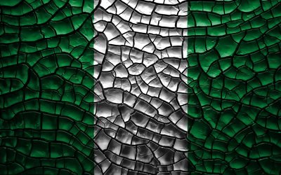 Bandera de Nigeria, 4k, agrietado suelo, &#193;frica, Nigeria bandera, arte 3D, Nigeria, los pa&#237;ses Africanos, los s&#237;mbolos nacionales, Nigeria 3D de la bandera