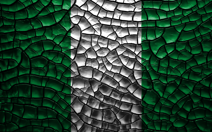Flaggan i Nigeria, 4k, sprucken jord, Afrika, Nigerianska flagga, 3D-konst, Nigeria, Afrikanska l&#228;nder, nationella symboler, Nigeria 3D-flagga