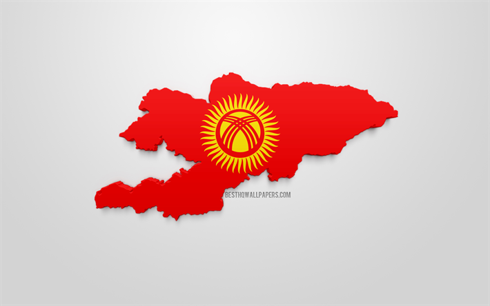 3d drapeau du Kirghizistan, de la carte de la silhouette du Kirghizistan, art 3d, drapeau Kirghizistan, en Asie, le Kirghizistan, la g&#233;ographie, le Kirghizistan 3d silhouette