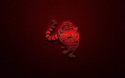 Tiger zodiac, creative, chinese zodiac metal signs, Chinese calendar, Tiger zodiac sign, chinese zodiac, animals signs, red metal grid background, Chinese Zodiac Signs, artwork, Tiger