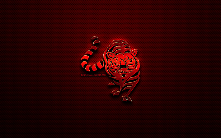 Download Wallpapers Tiger Zodiac Creative Chinese Zodiac Metal Signs Chinese Calendar Tiger Zodiac Sign Chinese Zodiac Animals Signs Red Metal Grid Background Chinese Zodiac Signs Artwork Tiger For Desktop Free Pictures For