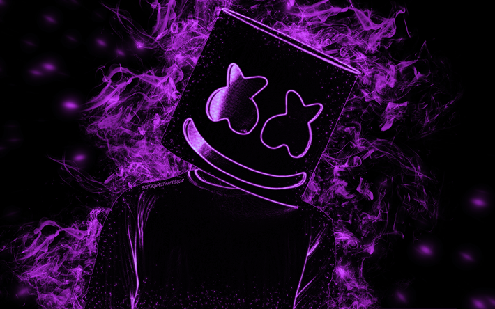 Marshmello, violetti savu siluetti, musta tausta, amerikkalainen DJ, creative art, suosittu DJ
