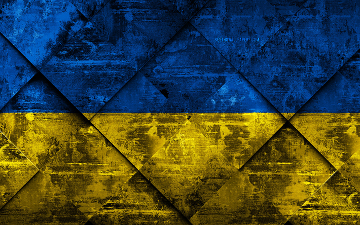 Flag of Ukraine, 4k, grunge art, rhombus grunge texture, Ukrainian flag, Europe, national symbols, Ukraine, creative art