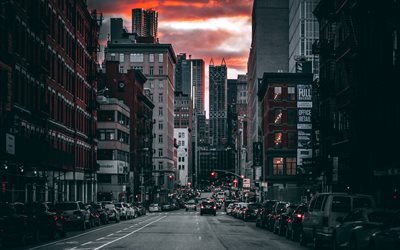 New York, kv&#228;ll, sunset, gatorna, NYC, stadsbilden, skyskrapor, USA