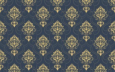 floral damask pattern texture, damask retro background, gray background, floral gold ornaments, damask seamless pattern, floral seamless texture