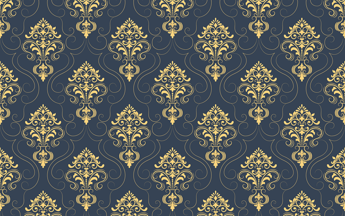 floral damask pattern texture, damask retro background, gray background, floral gold ornaments, damask seamless pattern, floral seamless texture