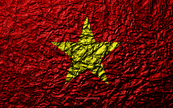 Vietnamin lippu, 4k, kivi rakenne, aallot rakenne, kansallinen symboli, Vietnam, Aasiassa, kivi tausta