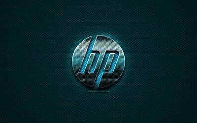 Hewlett-Packard, HP paillettes logo, cr&#233;atif, bleu m&#233;tal, fond, logo HP, marques, HP