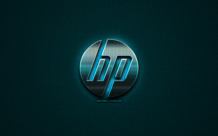 Hewlett-Packard, HP glitter logo, yaratıcı, mavi metal arka plan, HP, logo, marka