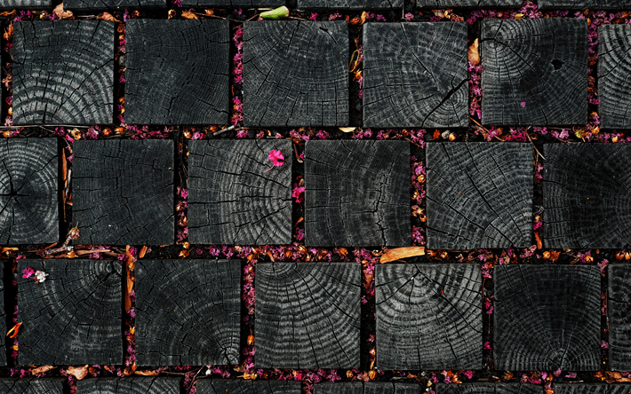 cuadrado negro registros, 4k, troncos de madera de la textura, negro, de madera, antecedentes, texturas, fondos negros