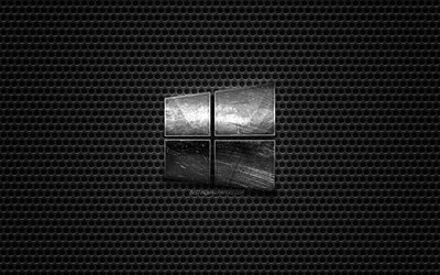 Windows10のロゴ, 鉄鋼研磨ロゴ, Windows10のエンブレム, ブランド, Windows, 金属メッシュの質感, ブラックメタル背景, Windows10