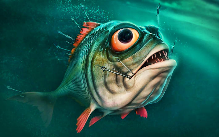 cartoon piranha, 3D art, underwater world, predator, cartoon fish, piranha