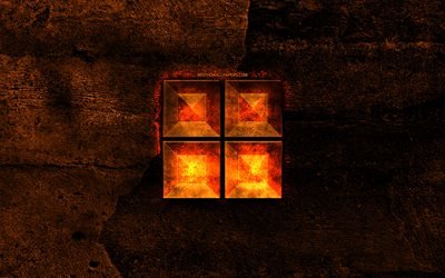 Microsoft fiery logo, orange stone background, Microsoft, creative, Microsoft logo, brands