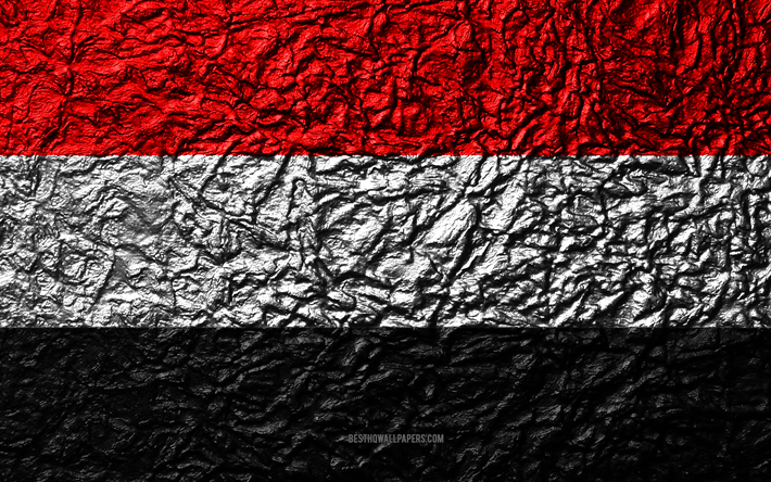 旗のイエメン, 4k, 石質感, 波質感, イエメンのフラグ, 国立シンボル, イエメン, アジア, 石背景