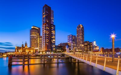 Rotterdam, noche, paisaje urbano, puente, puesta de sol, pa&#237;ses Bajos, Holanda del Sur