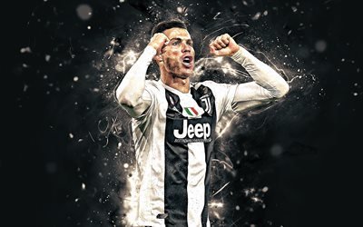 Cristiano Ronaldo, close-up, 2019, portoghese, i calciatori, la gioia, la Juventus FC, Italia, CR7, la Juve, l&#39;obiettivo, i Bianconeri, stelle del calcio, calcio, Serie A, luci al neon, arte astratta