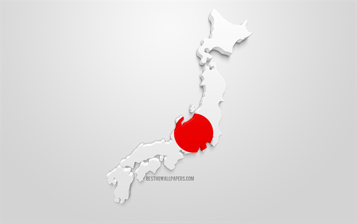 Japonya 3 boyutlu bayrak, harita siluet, 3d sanat, Japon bayrak, Asya, Japonya, coğrafya, Japonya 3d siluet