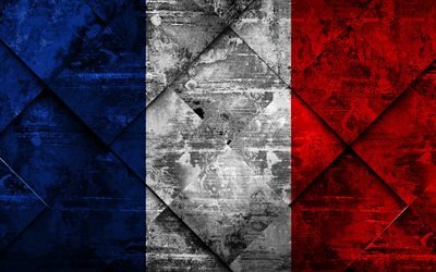 Flag of France, 4k, grunge art, rhombus grunge texture, French flag, Europe, national symbols, France, creative art