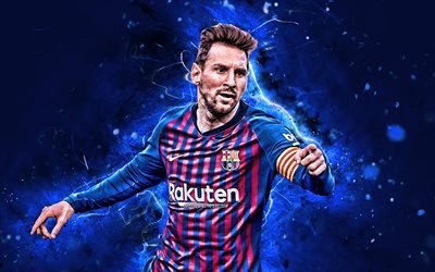 Lionel Messi, close-up, FCB, Barcelona FC, match, argentinian footballers, La Liga, Messi, football stars, Leo Messi, neon lights, LaLiga, Spain, Barca, soccer