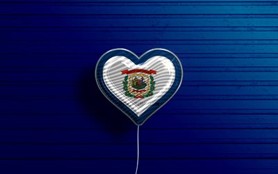 I Love West Virginia, 4k, realistic balloons, blue wooden background, United States of America, West Virginia flag heart, flag of West Virginia, balloon with flag, American states, Love West Virginia, USA