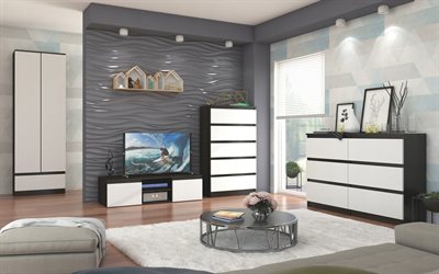 design elegante da sala de estar, ondas 3d cinza na parede, pain&#233;is de gesso de ondas 3d, ideia de sala de estar, projeto de sala de estar, design de interiores moderno