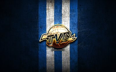Universo Treviso Basket, golden logo, LBA, blue metal background, italian basketball club, Lega Basket Serie A, Universo Treviso Basket logo, basketball