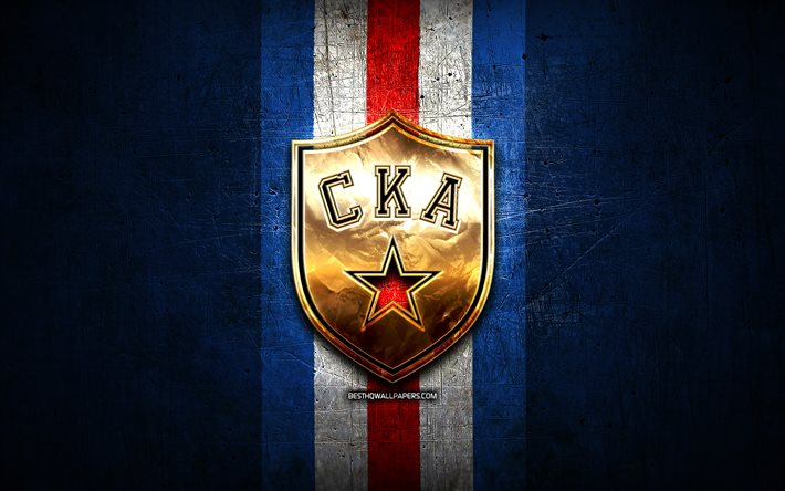 SKA St Petersburg, gyllene logotyp, KHL, bl&#229; metall bakgrund, ryska hockeylaget, Kontinental Hockey League, SKA St Petersburg logotyp, hockey