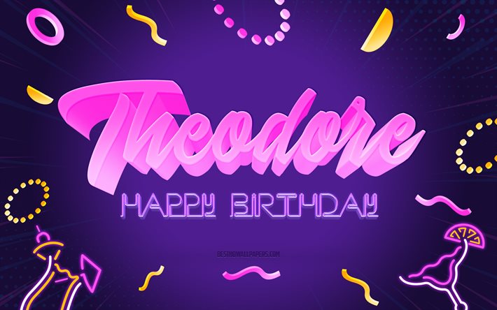 お誕生日おめでとうセオドア, 4k, 紫のパーティーの背景, テオドール, クリエイティブアート, セオドアお誕生日おめでとう, セオドアの名前, セオドアの誕生日, 誕生日パーティーの背景