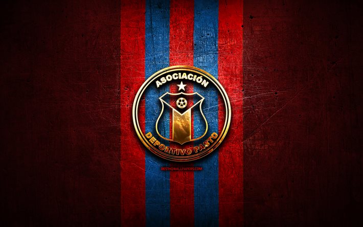 Deportivo Pasto FC, golden logo, Categoria Primera A, red metal background, football, colombian football club, Deportivo Pasto logo, soccer, Deportivo Pasto