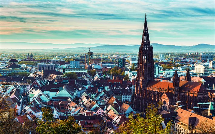 Freiburg im Breisgau, 4k, şehir manzarası, yaz, alman şehirleri, Avrupa, Almanya, Almanya Şehirleri, HDR, Freiburg im Breisgau Almanya, şehir manzaraları