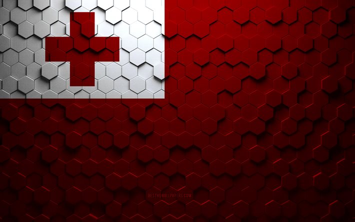 Drapeau des Tonga, art en nid d&#39;abeille, drapeau des hexagones des Tonga, Tonga, art des hexagones 3D, drapeau des Tonga