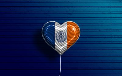 I Love New York City, New York, 4k, realistic balloons, blue wooden background, american cities, flag of New York City, balloon with flag, New York City flag, New York City, US cities