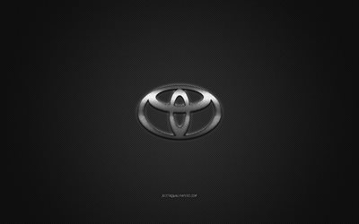 Toyota logo, silver logo, gray carbon fiber background, Toyota metal emblem, Toyota, cars brands, creative art
