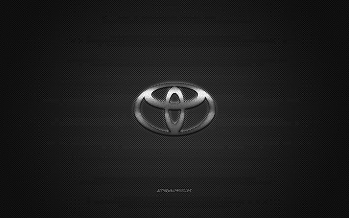 トヨタのロゴ, シルバーロゴ, 灰色の炭素繊維の背景, トヨタメタルエンブレム, トヨタ, 車のブランド, クリエイティブアート